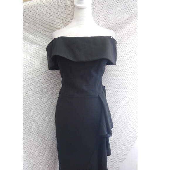 NEW Betsy & Adam BLACK Carina OFF THE SHOULDER Crepe RUFFLE Mermaid GOWN - Picture 6 of 13